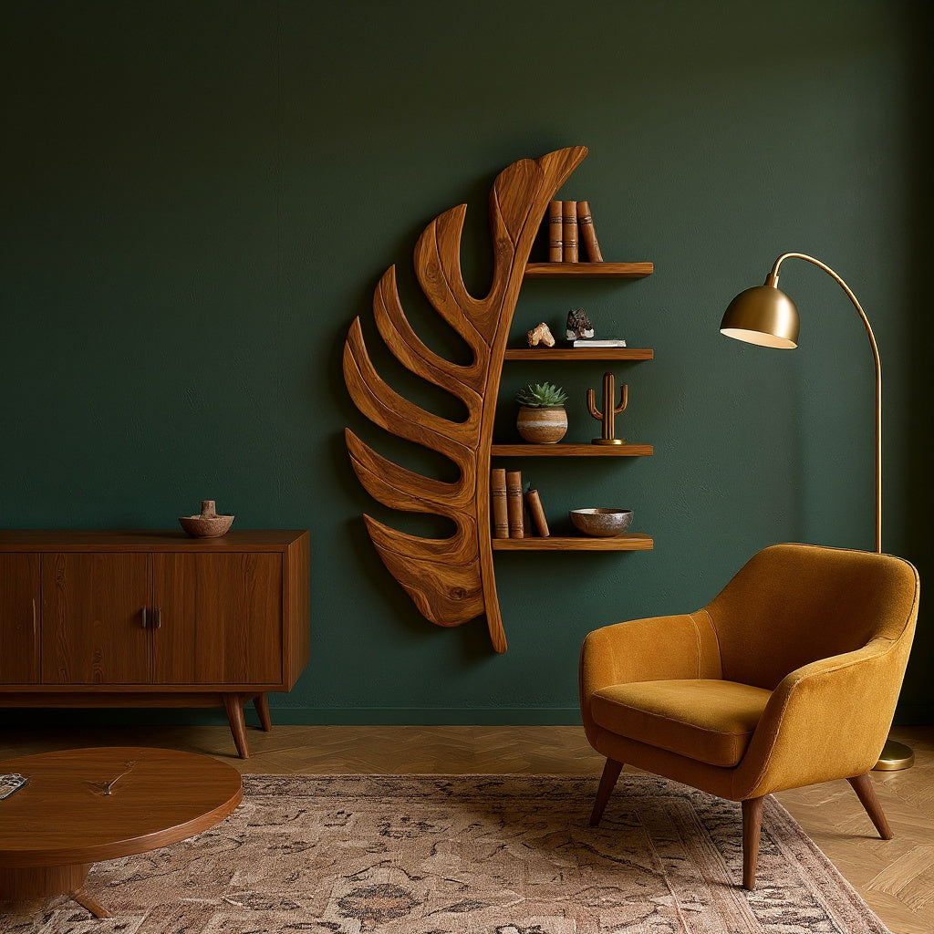 Artistic Wooden Leaf Statement Wall Bookshelf For Elegant Interiors