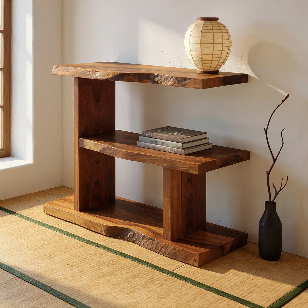 Artistic Wooden Live Edge Standing Shelf For Entryway Storage Design
