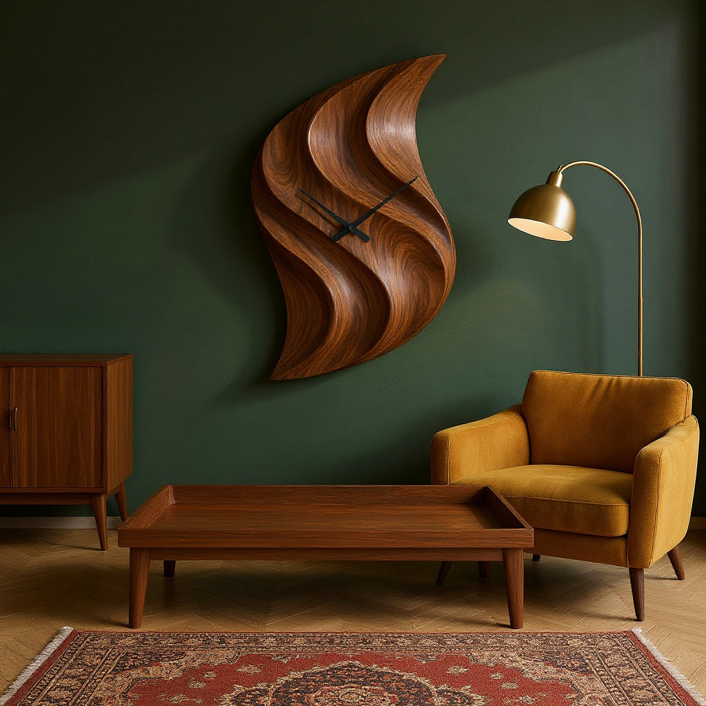 Artistic Wooden Wall Clock Hand Carved For Minimalist Bedroom