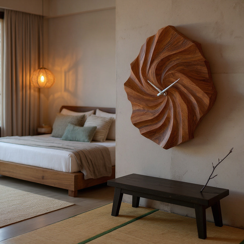 Artistic Wooden Wall Clock With Hand Carved Wave For Statement Bedroom