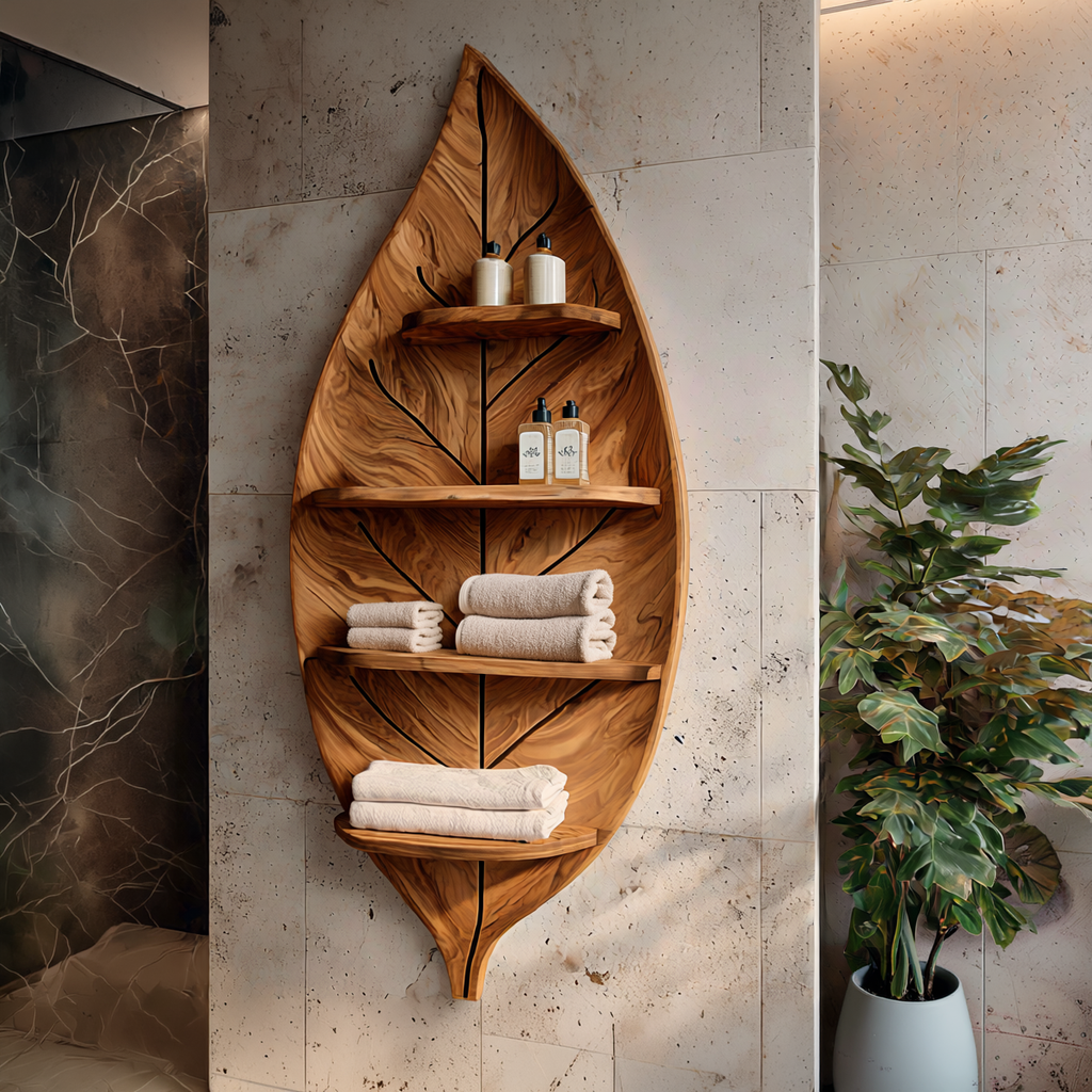 Artistic Wood Leaf Bathroom Shelf For Modern Spa Interior