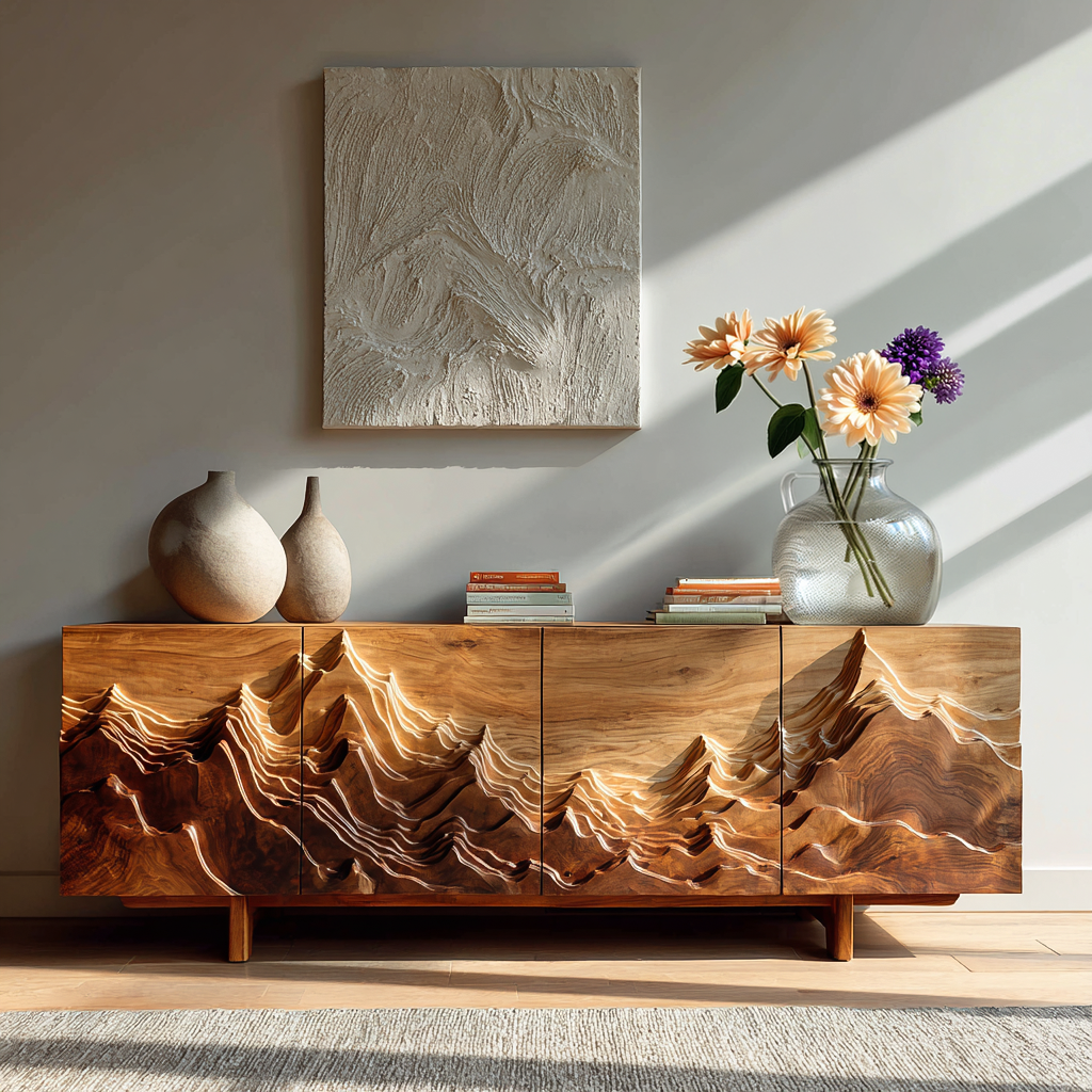 Artistic Sideboard With Carved Mountain Doors For Living Room