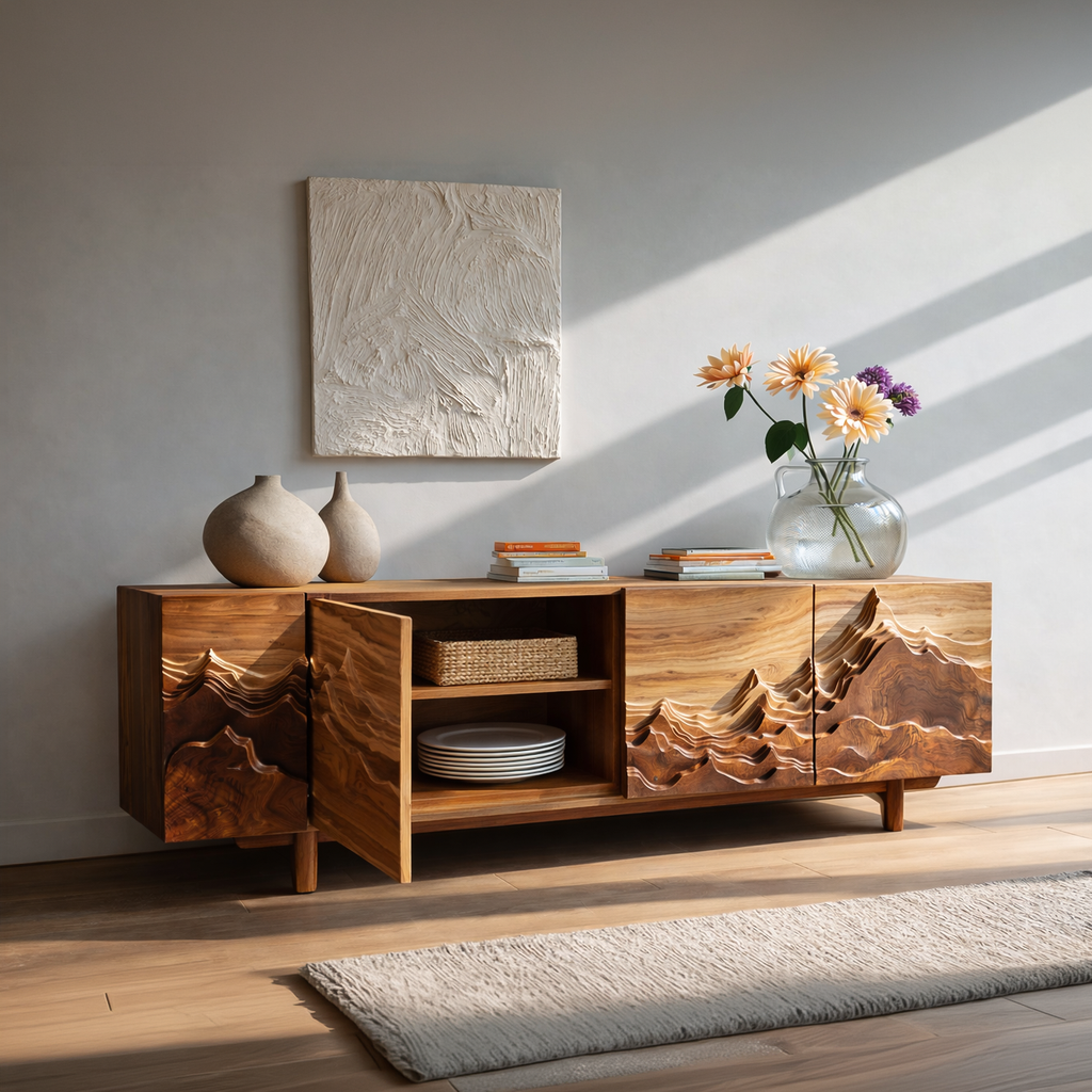Artistic Sideboard With Carved Mountain Doors For Living Room