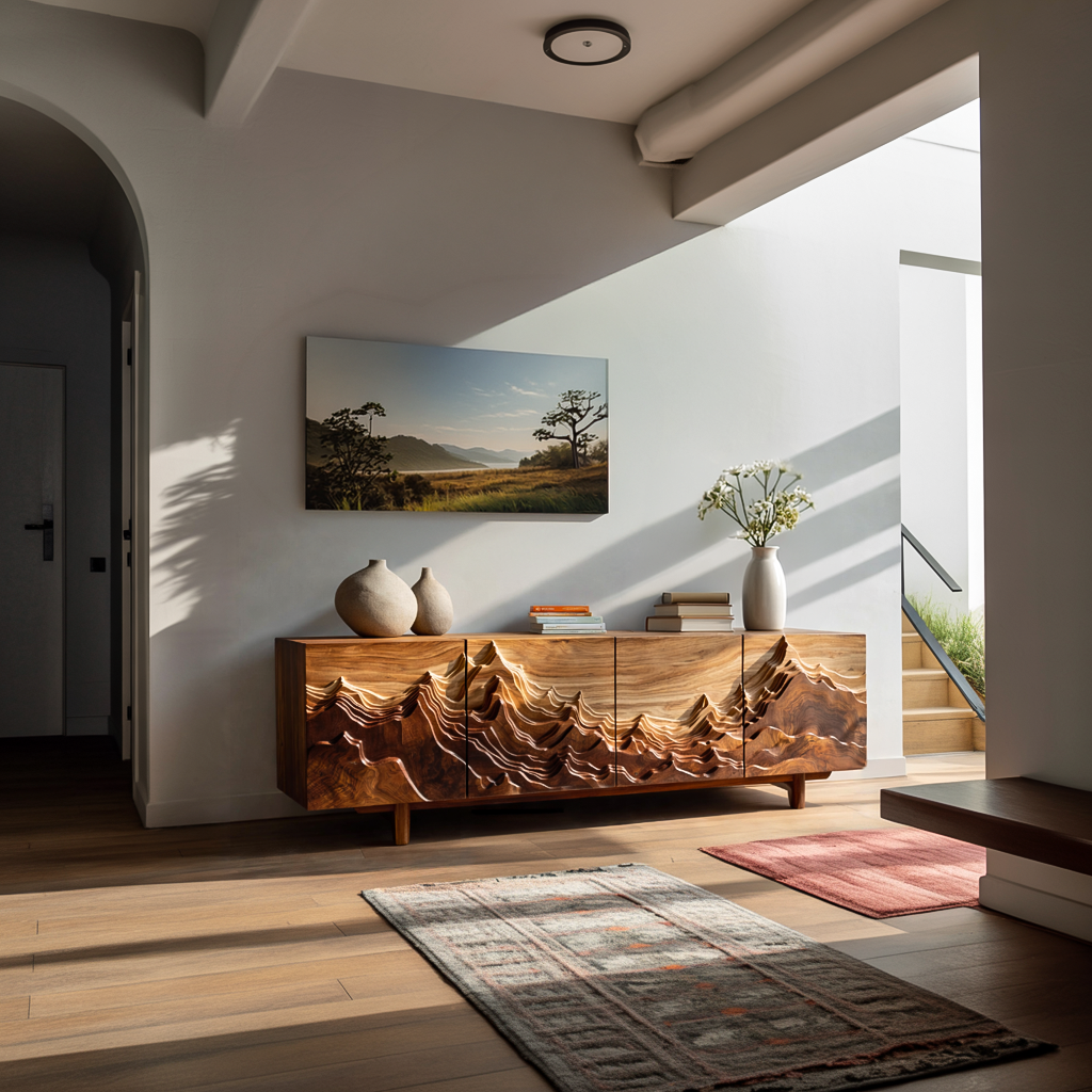 Artistic Sideboard With Carved Mountain Doors For Living Room