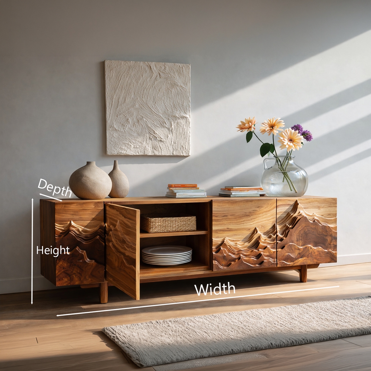 Artistic Sideboard With Carved Mountain Doors For Living Room