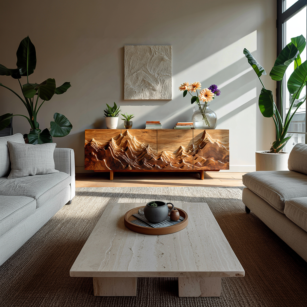 Artistic Sideboard With Carved Mountain Doors For Living Room