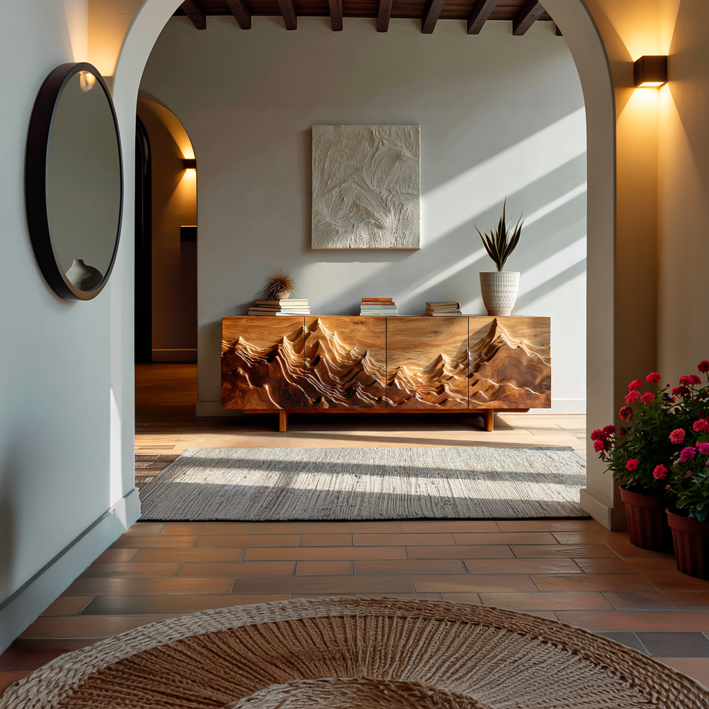 Artistic Sideboard With Carved Mountain Doors For Living Room