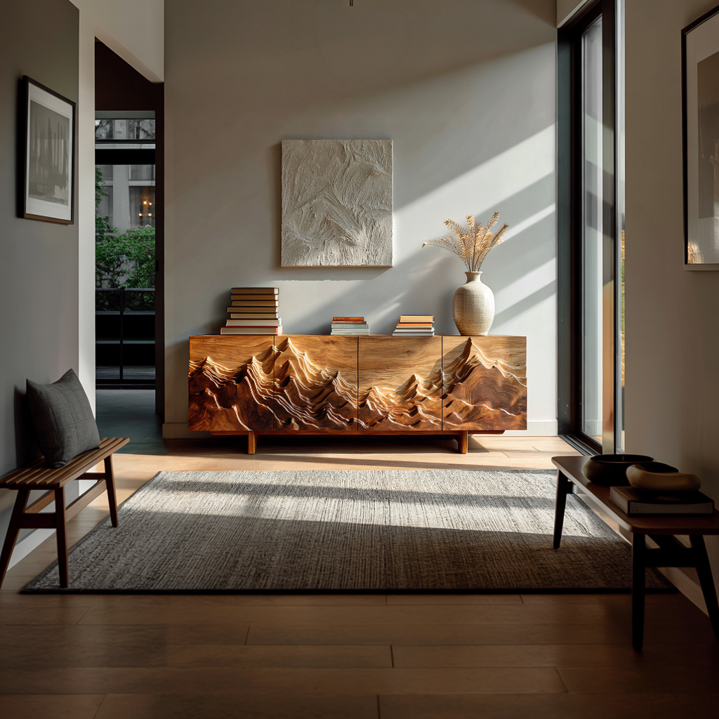 Artistic Sideboard With Carved Mountain Doors For Living Room