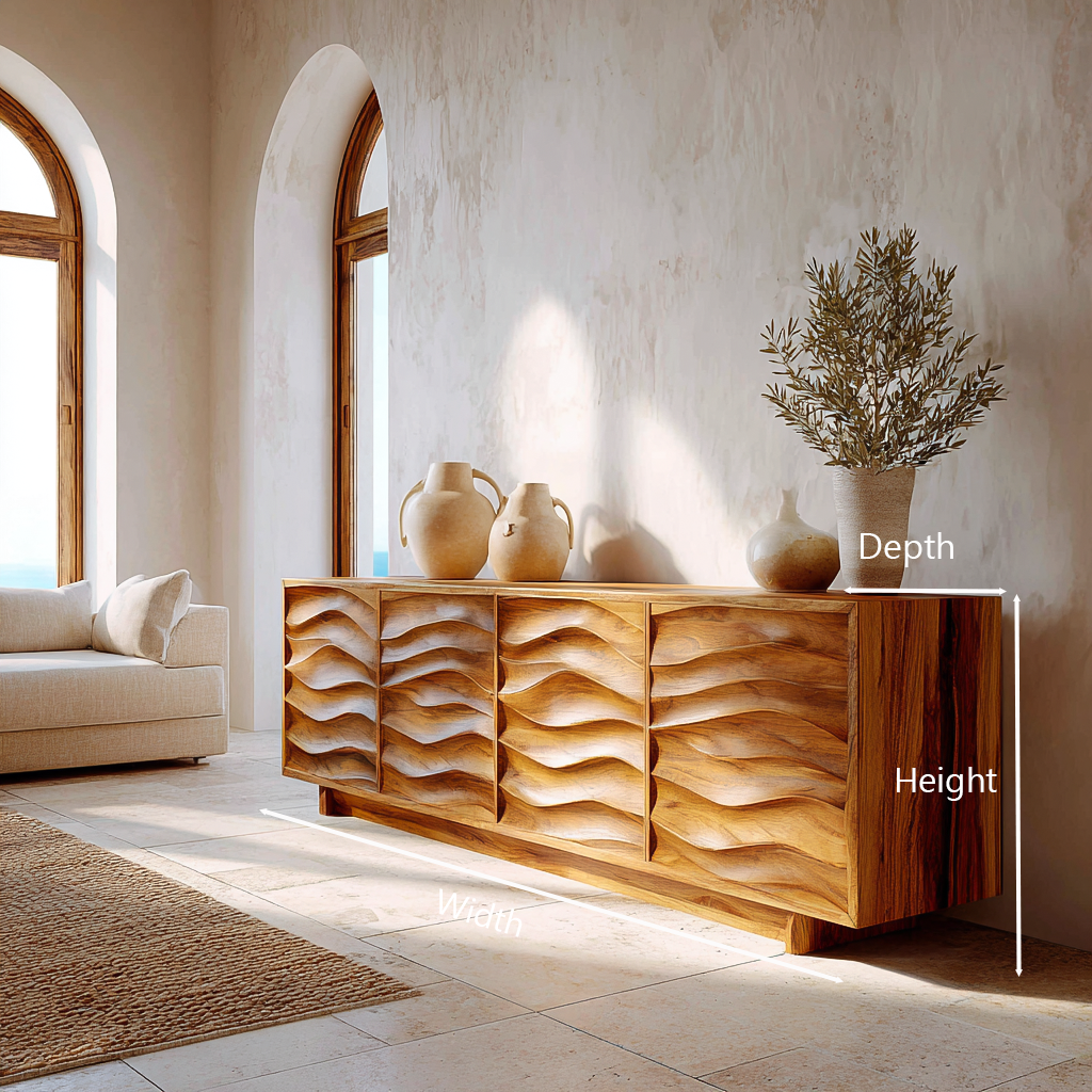 Artistic Wooden Sideboard With Wave Pattern Doors For Home