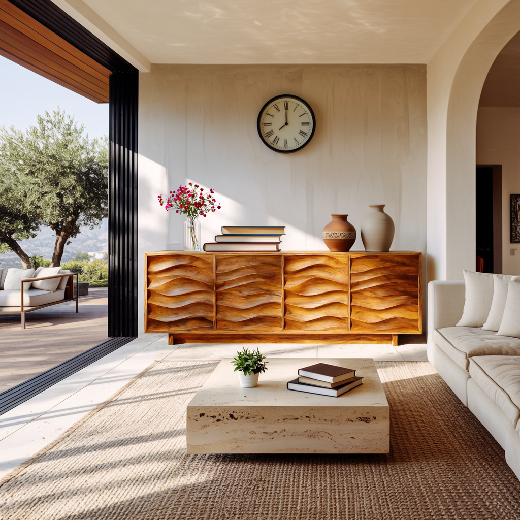 Artistic Wooden Sideboard With Wave Pattern Doors For Home
