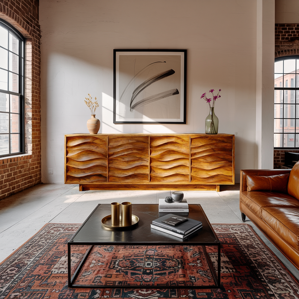 Artistic Wooden Sideboard With Wave Pattern Doors For Home