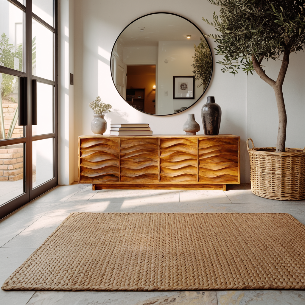 Artistic Wooden Sideboard With Wave Pattern Doors For Home