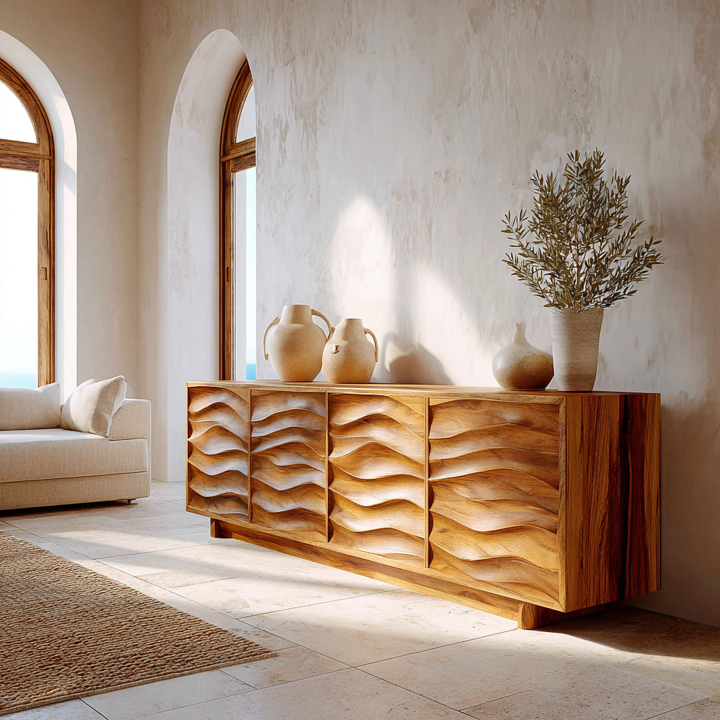 Artistic Wooden Sideboard With Wave Pattern Doors For Home
