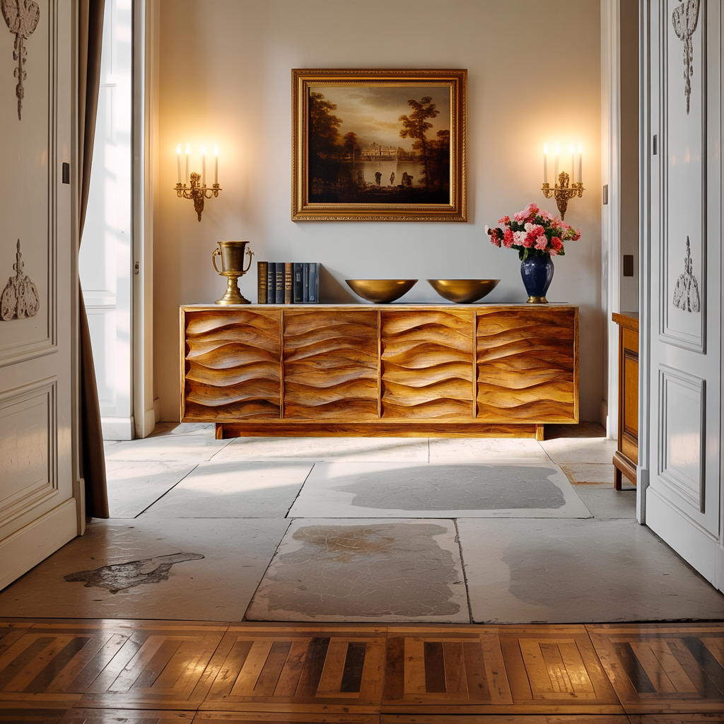 Artistic Wooden Sideboard With Wave Pattern Doors For Home