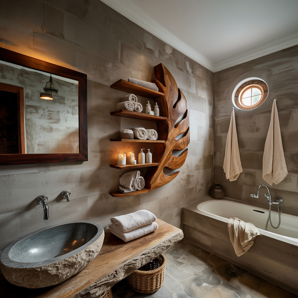 Artistic Wood Leaf Bathroom Shelf For Bathroom