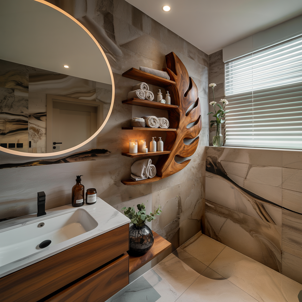 Artistic Wood Leaf Bathroom Shelf For Bathroom