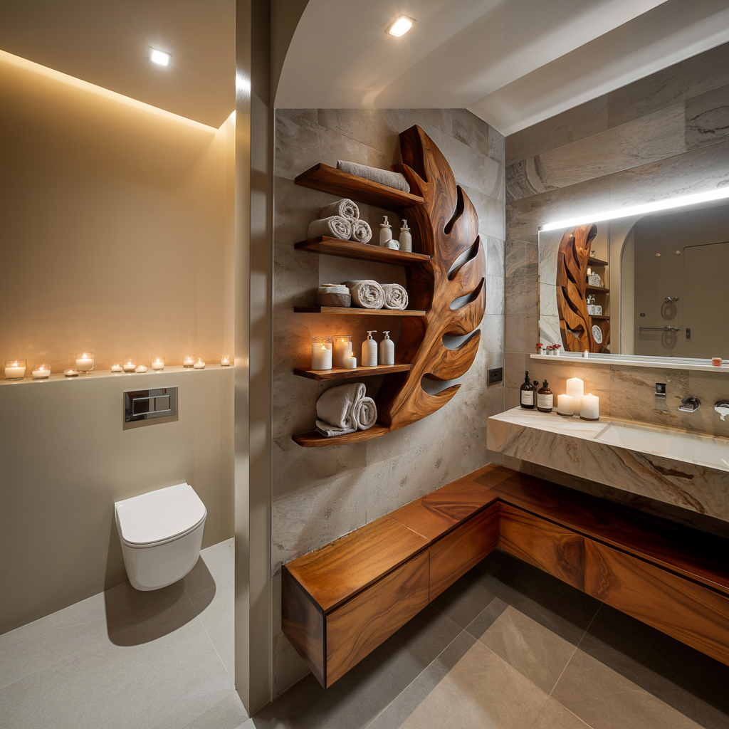 Artistic Wood Leaf Bathroom Shelf For Bathroom