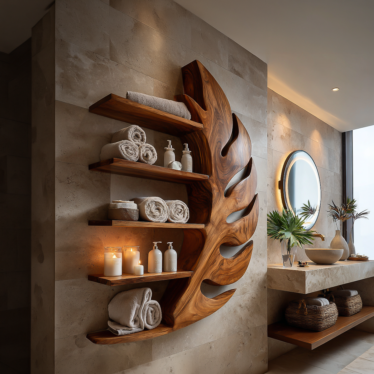 Artistic Wood Leaf Bathroom Shelf For Bathroom