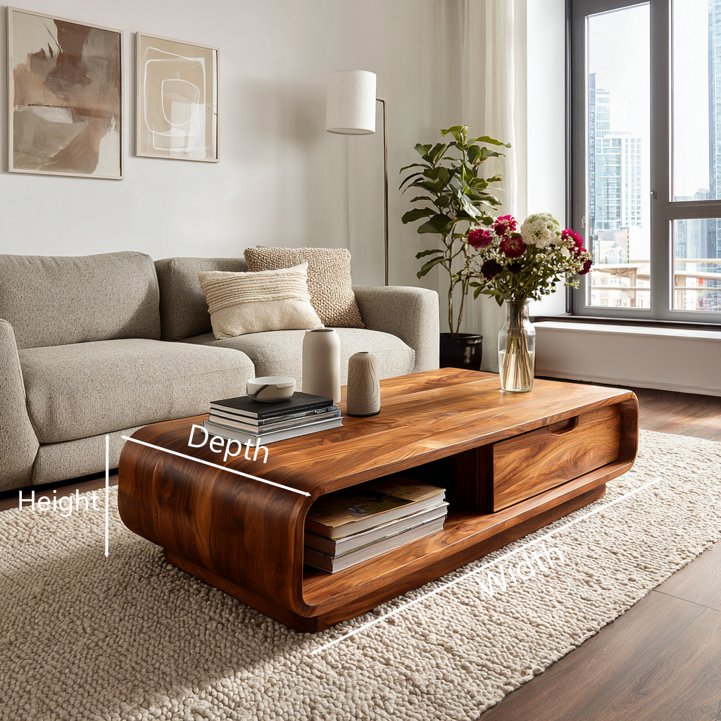 Coffee Table With Drawer Curved Silhouette For Contemporary Interior