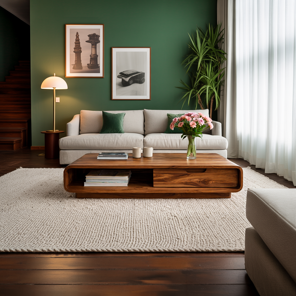 Coffee Table With Drawer Curved Silhouette For Contemporary Interior