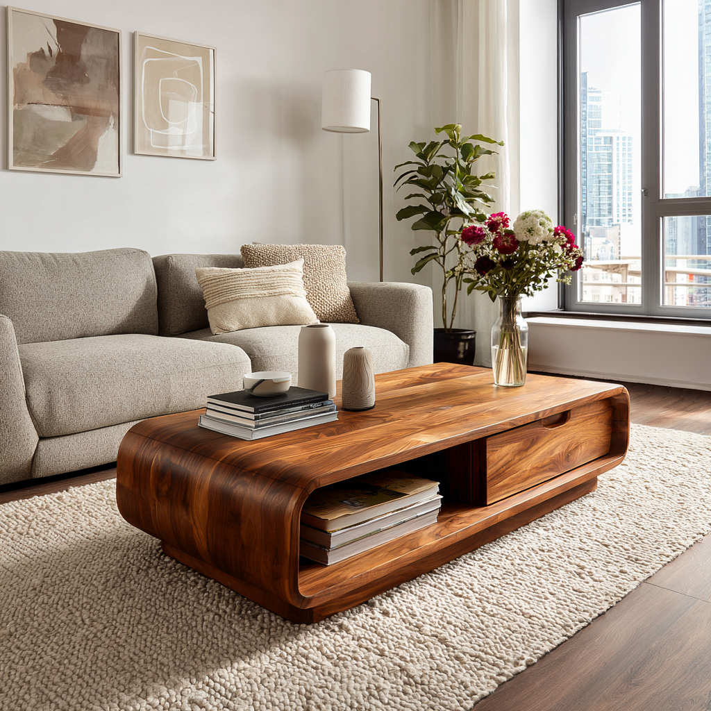 Coffee Table With Drawer Curved Silhouette For Contemporary Interior