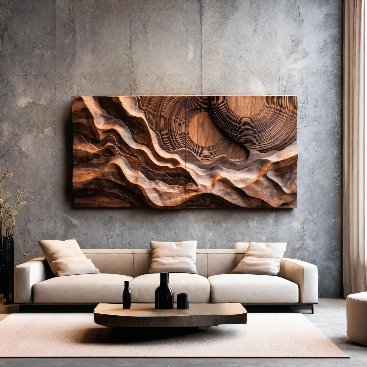 Abstract Sculptural Wood Wall Art With Carved Landscape For Interior