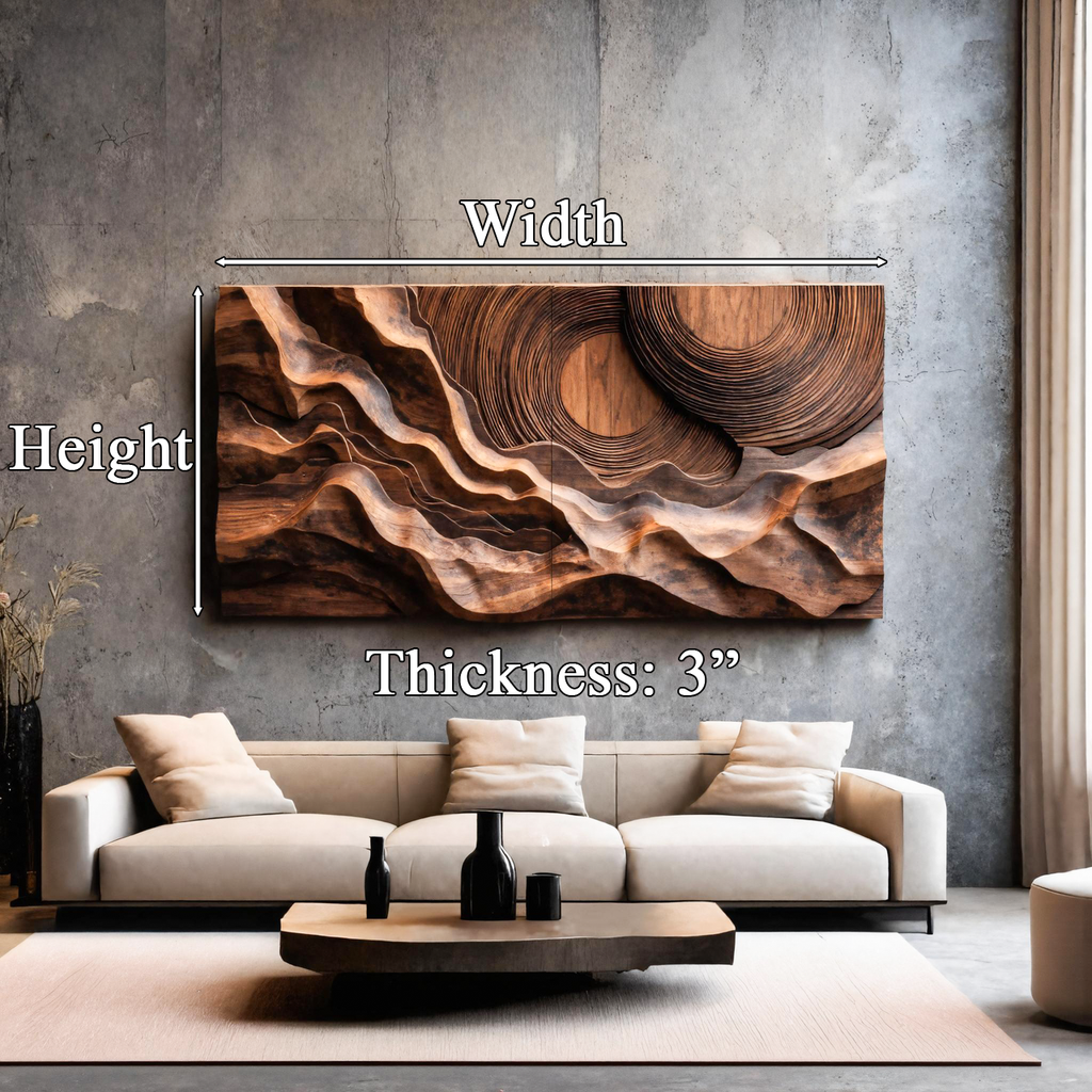 Abstract Sculptural Wood Wall Art With Carved Landscape For Interior