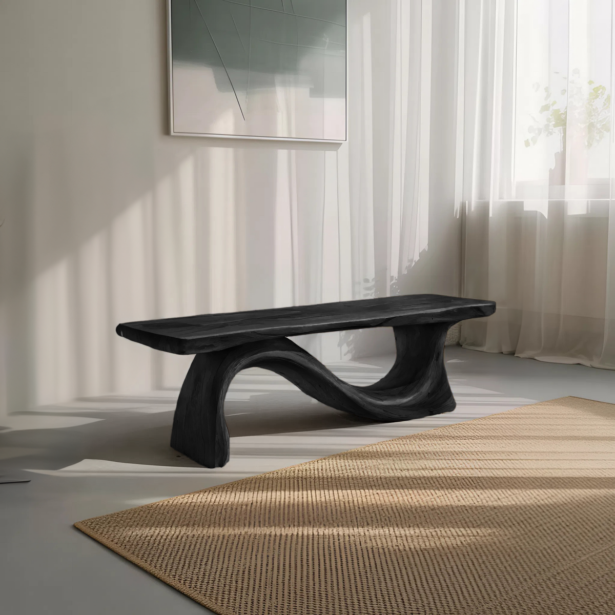 Contemporary Organic Sculpted Live Edge Bench For Living Room