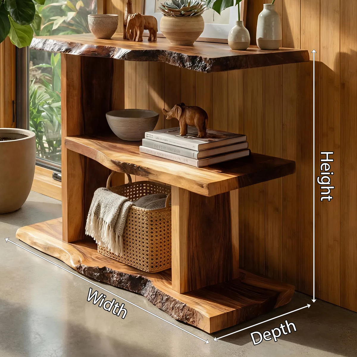 Artistic Wooden Live Edge Standing Shelf For Entryway Storage Design