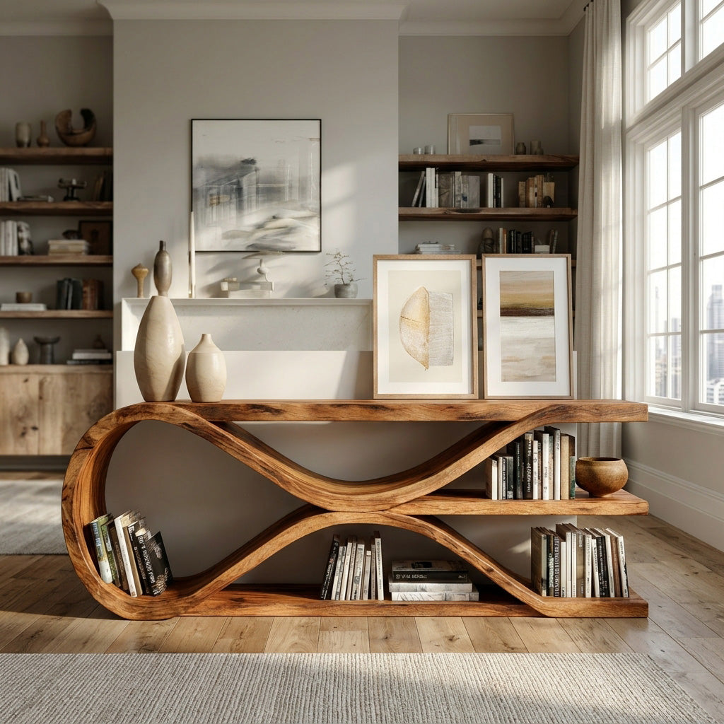 Contemporary Curved Wooden Console Table For Living Room