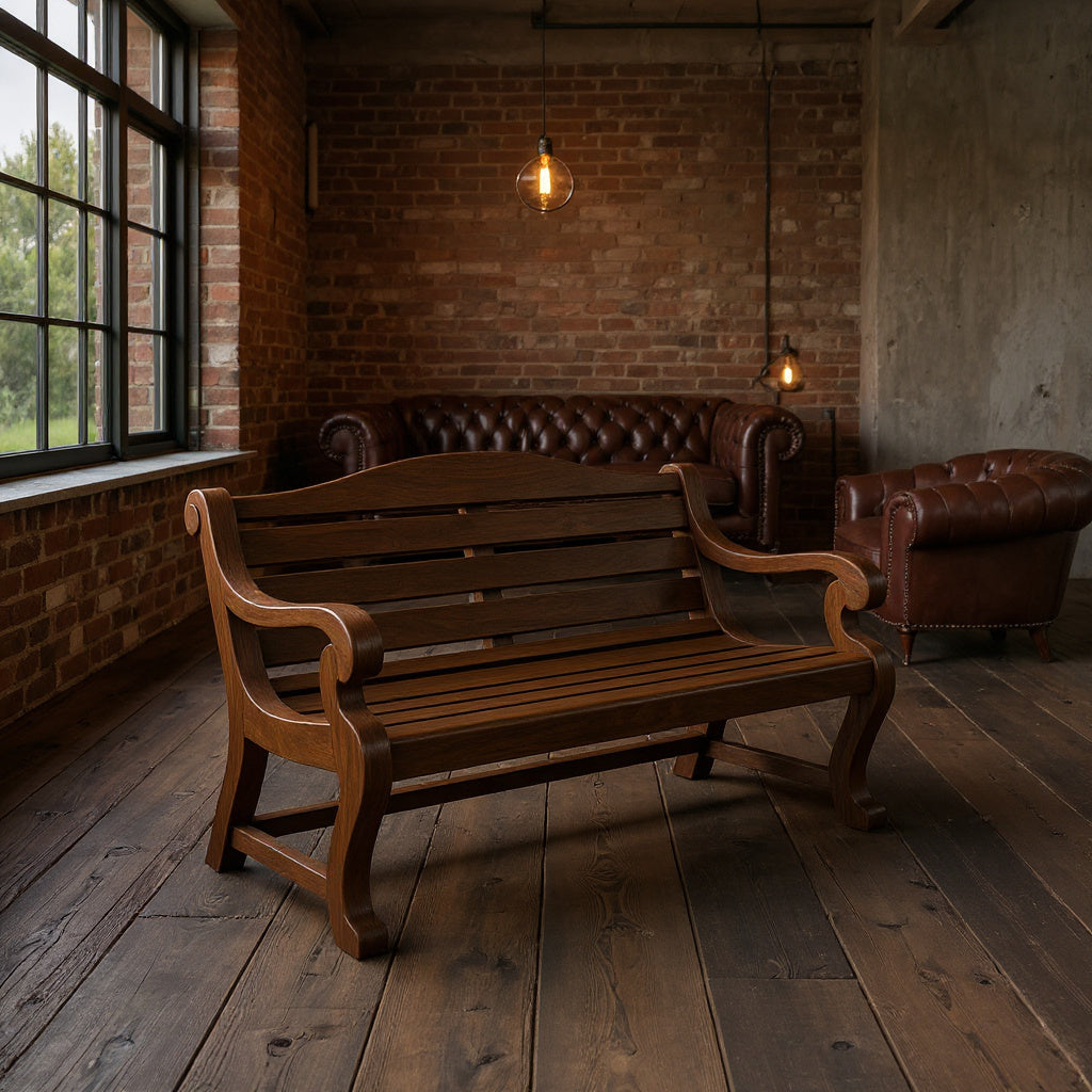 Classic Curved Wood Garden Bench With Sculpted Arms For Patio Or