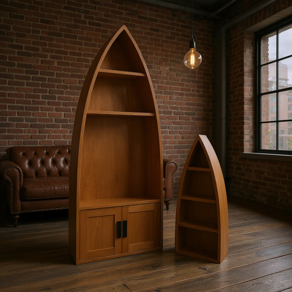 Coastal Boat Shaped Shelf With Glass Rack For Beach House And Living