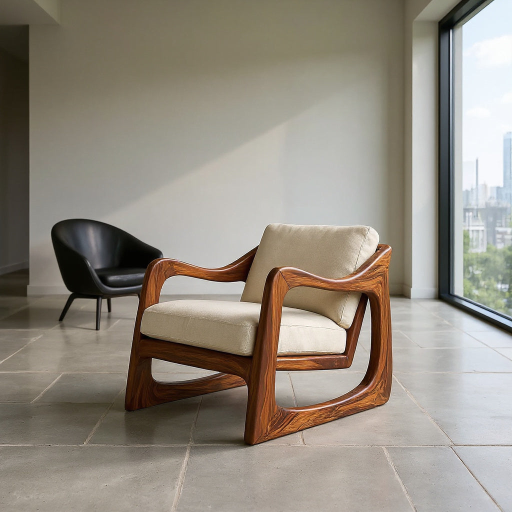 Coastal Luxury Accent Chair with Sculptural Wooden Craftsmanship