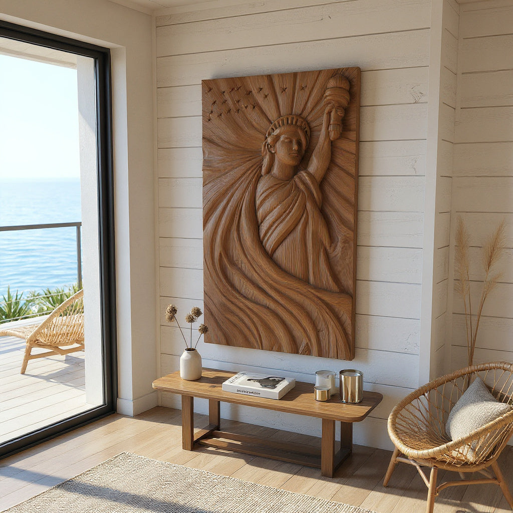 Coastal Modern Liberty Statue Wood Wall Art Luxury Villa Bedroom