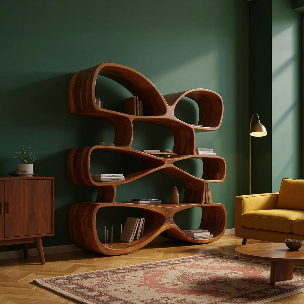 Contemporary Biomorphic Wooden Bookshelf In Fluid Design