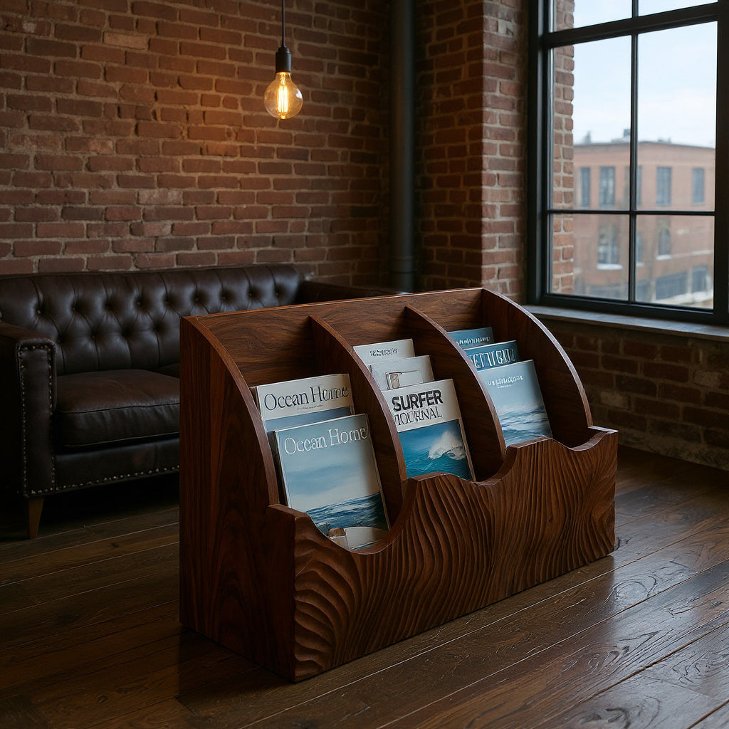 Contemporary Carved Curved Wood Magazine Rack For Living Room
