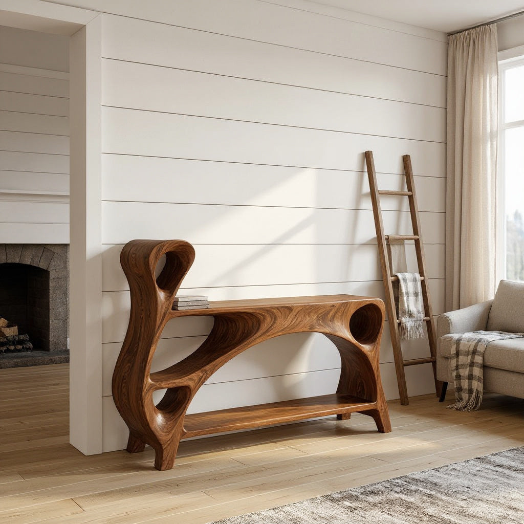 Contemporary Carved Frame TV Console With Integrated Shelves For Home