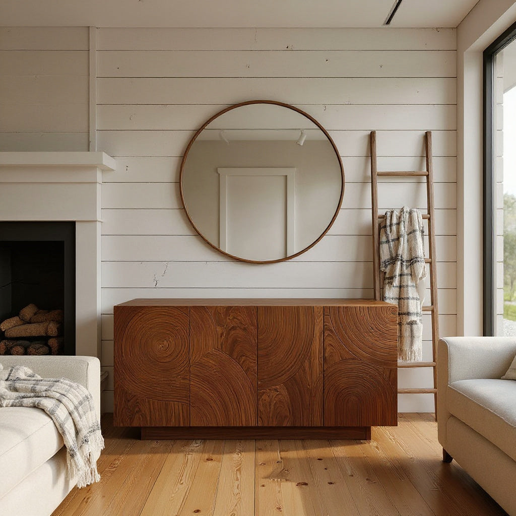 Contemporary Circular Ripple Carved Sideboard For Entryway