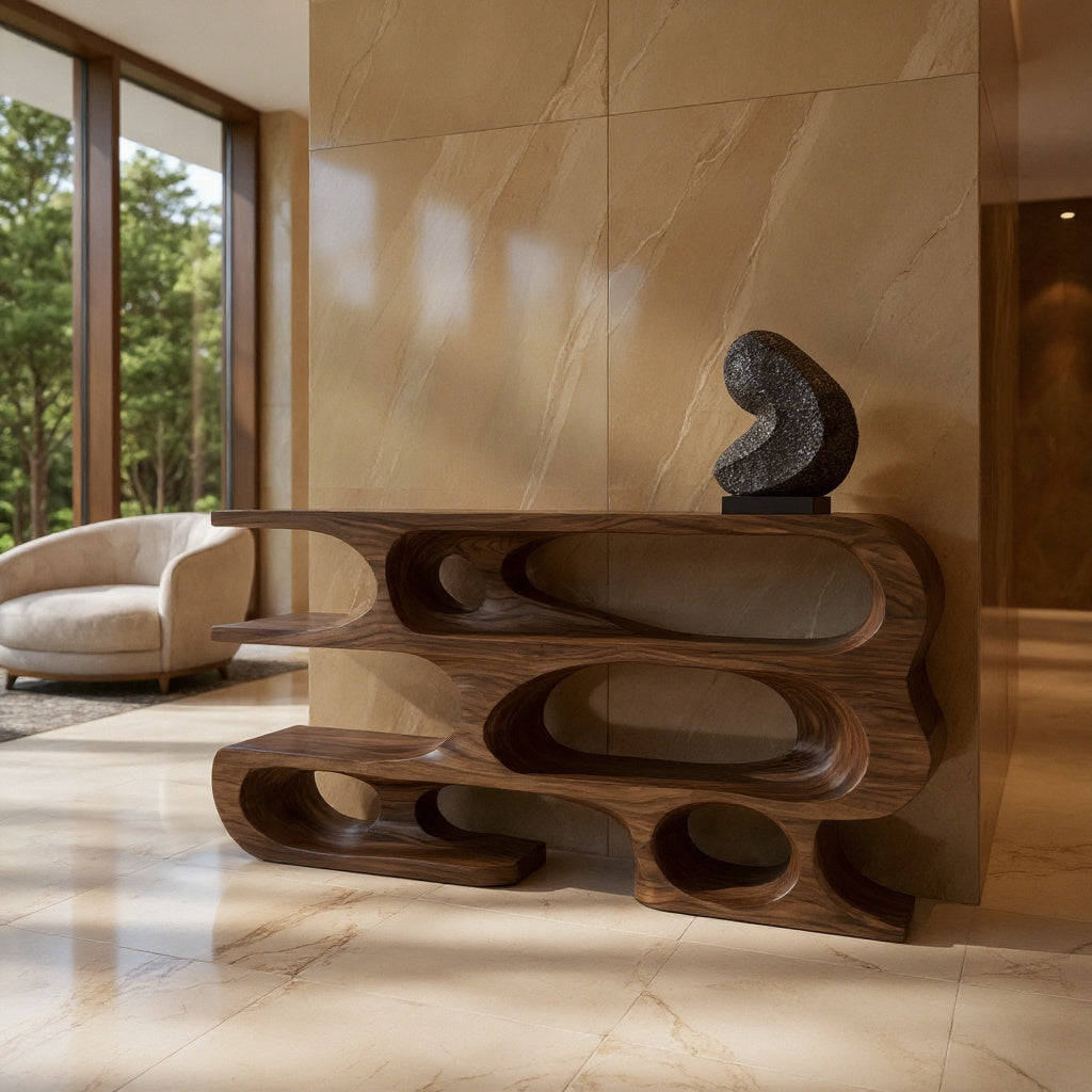 Contemporary Console Table With Multi Level Open Shelves For Living