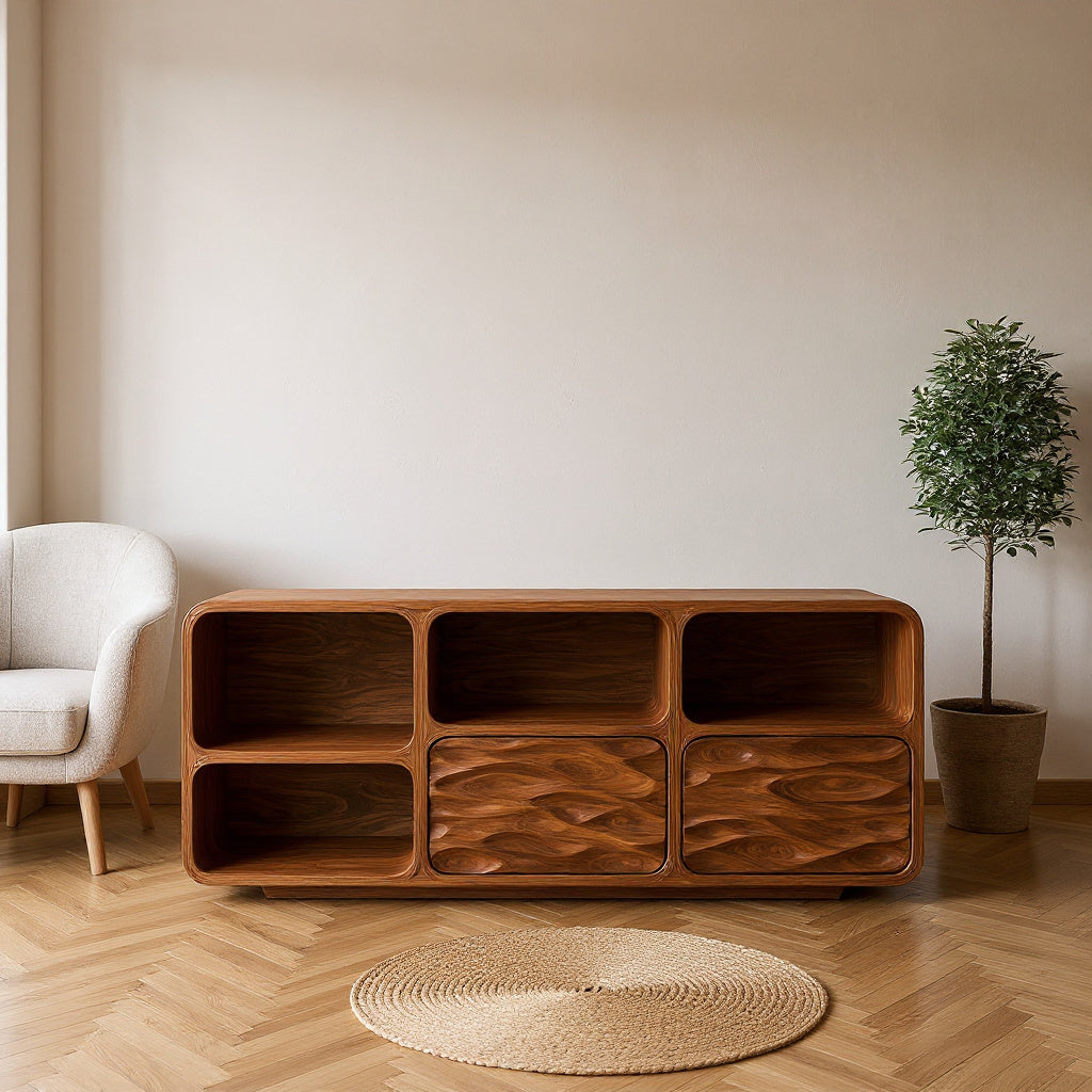Contemporary Console Table With Wave Carved Drawers For Living Room