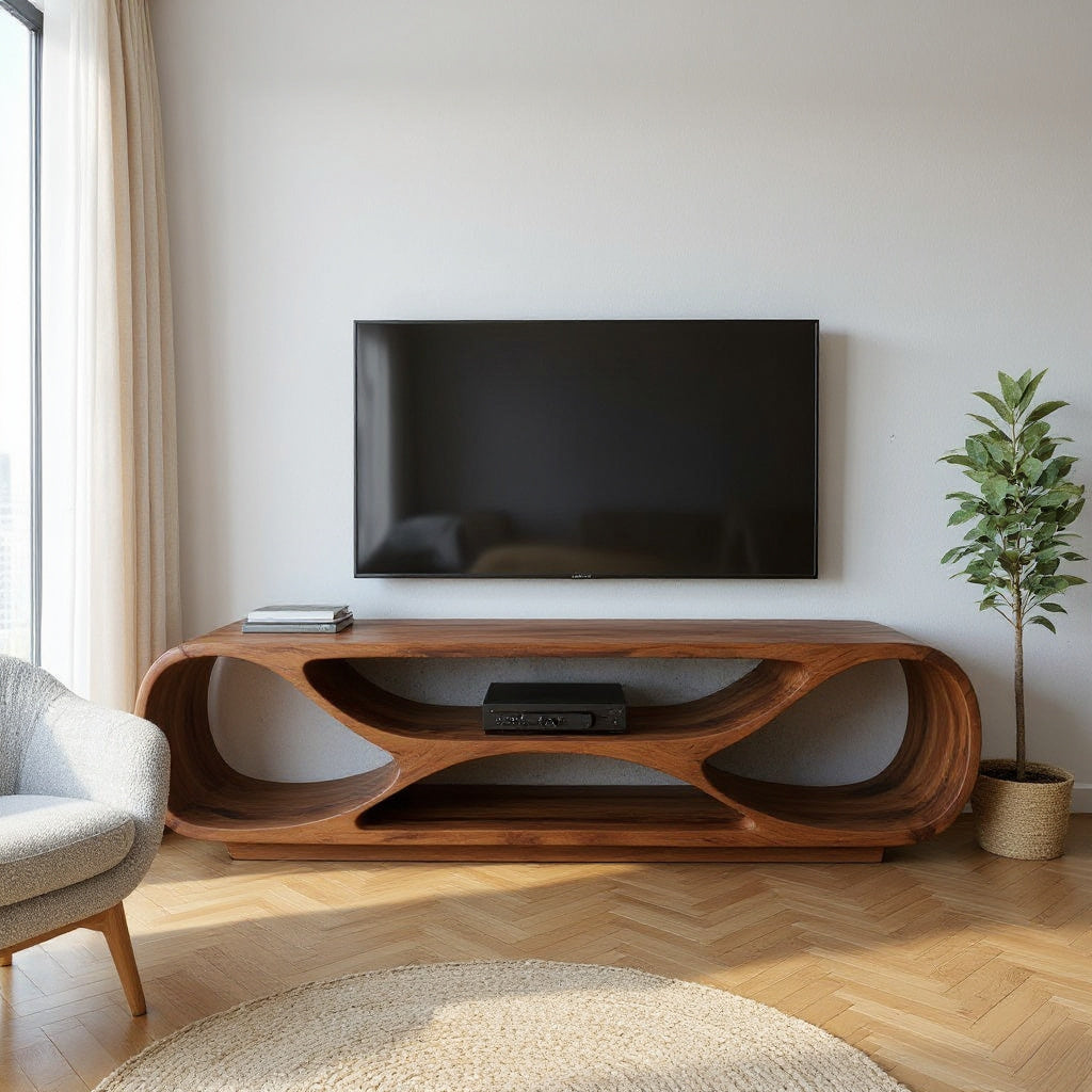 Contemporary Curved Wood TV Stand For Modern Living Room
