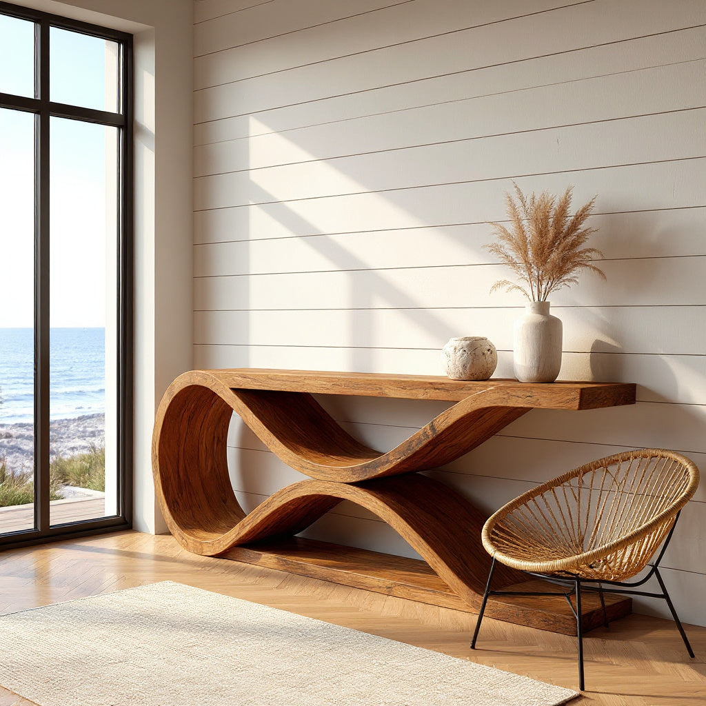 Contemporary Curved Wooden Console Table For Living Room