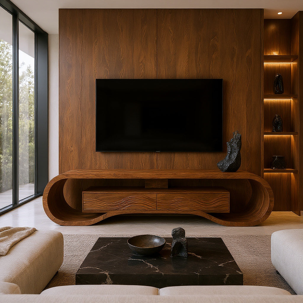 Contemporary Curved Wooden TV Stand For Luxury Interiors