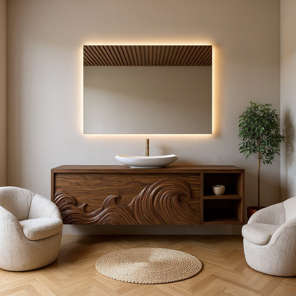 Contemporary Floating Bathroom Vanity With Raised Wave Pattern For