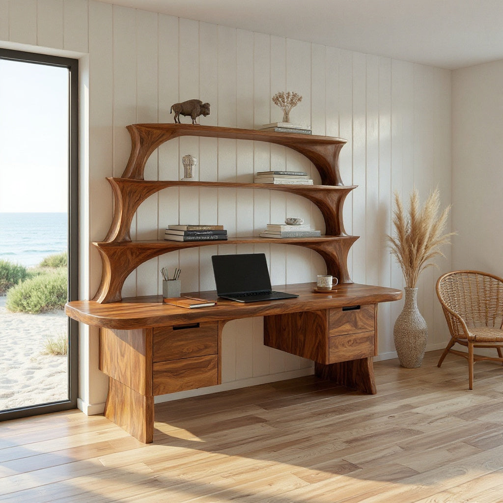 Contemporary Floating Desk With Display Shelves And Drawers For