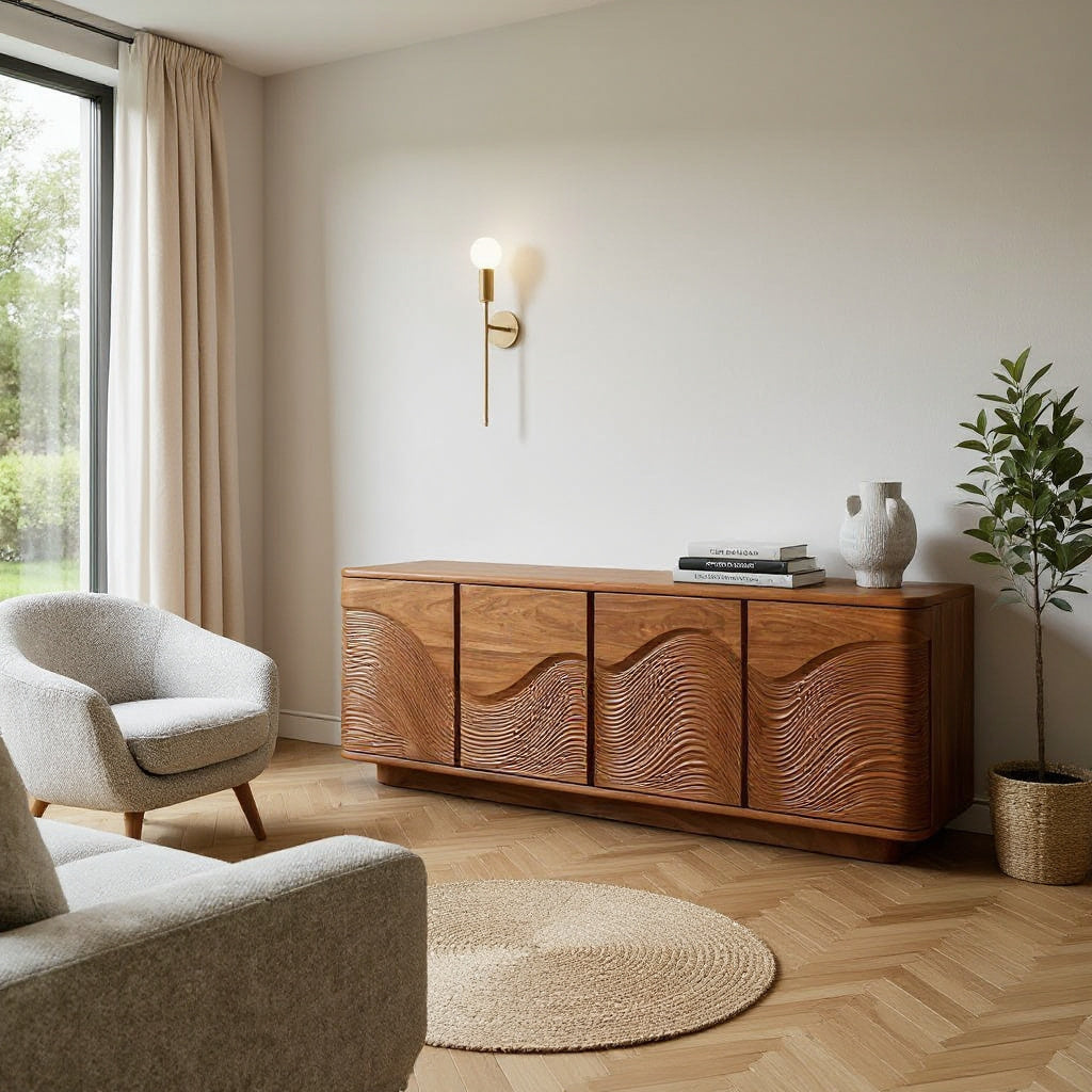 Contemporary Flowing Wave Carved Sideboard For Living Room