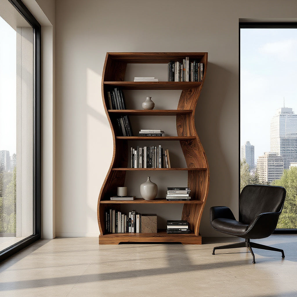Contemporary Flowing Wooden Bookshelf For Living Room