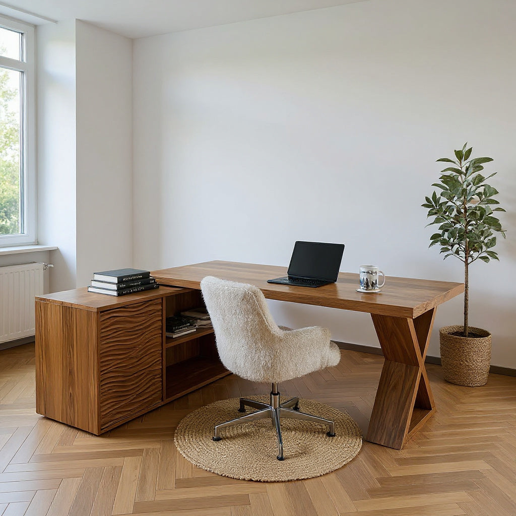 Contemporary L Shaped Desk With Wave Carved Cabinet For Home Office