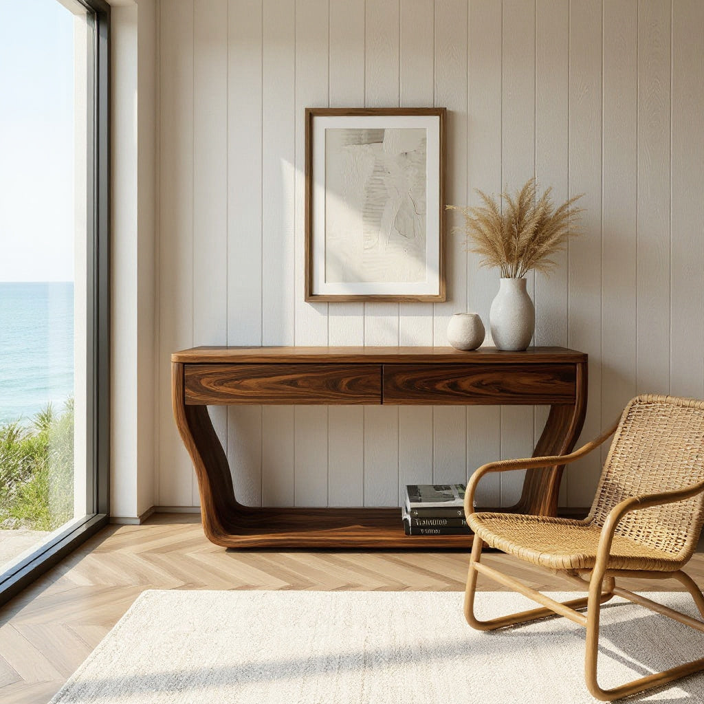 Contemporary Natural Wood Console Table With Two Drawers For Entryway
