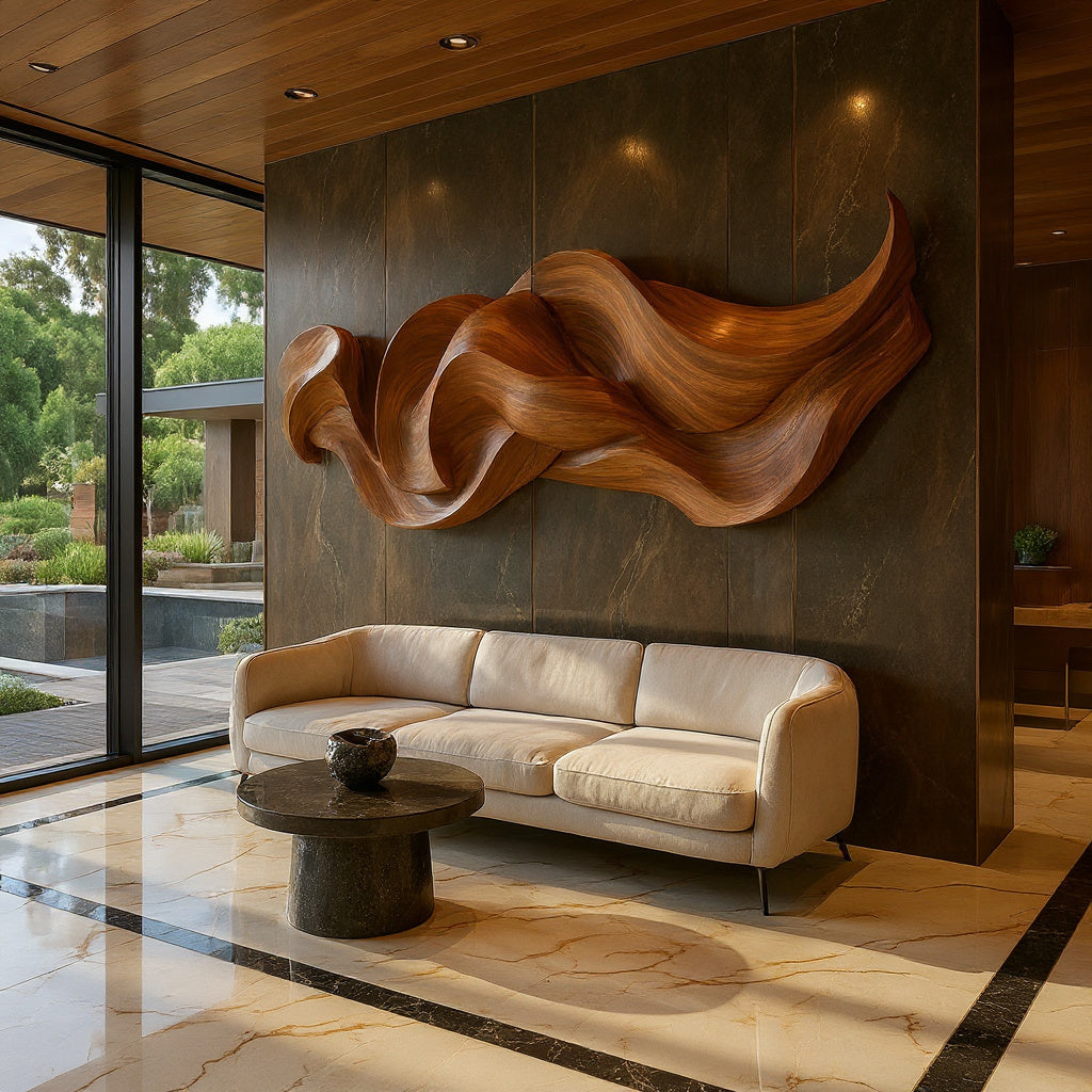 Contemporary Organic Ribbon Wood Wall Art Dining Room Interior Decor